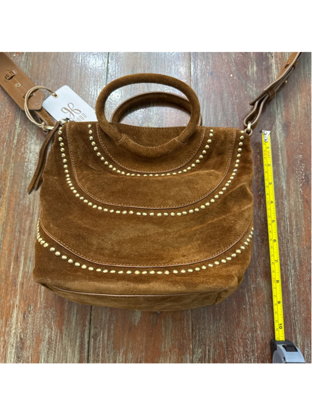 HOBO Chestnut Brown Suede Gold Studded Small Crossbody Tote Handbag NWT Handles - Picture 10 of 13